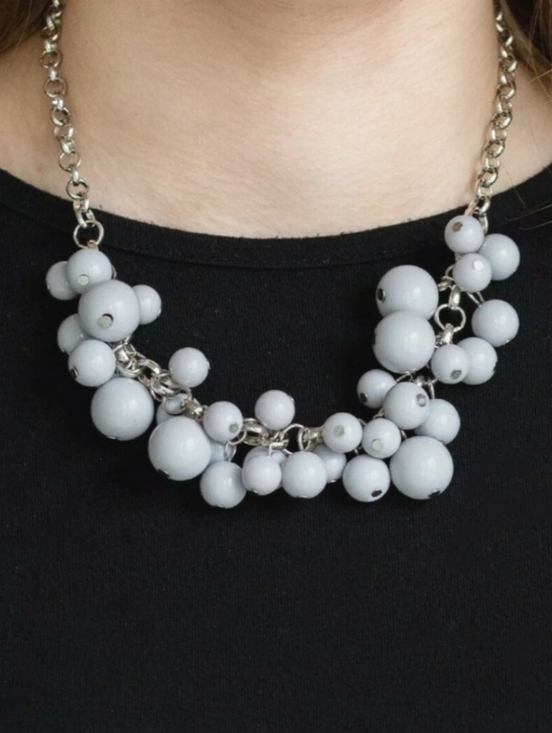 None Jewelry - #fj130 Cluster Bead Statement Necklace - Light Gray